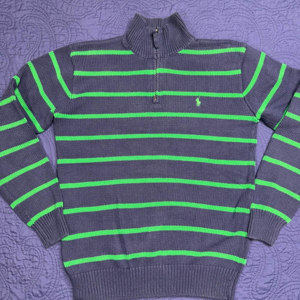 VNTG Ralph Lauren‎ Men's Striped Quarter Zip Fisherman Knit Sweater Navy Size S